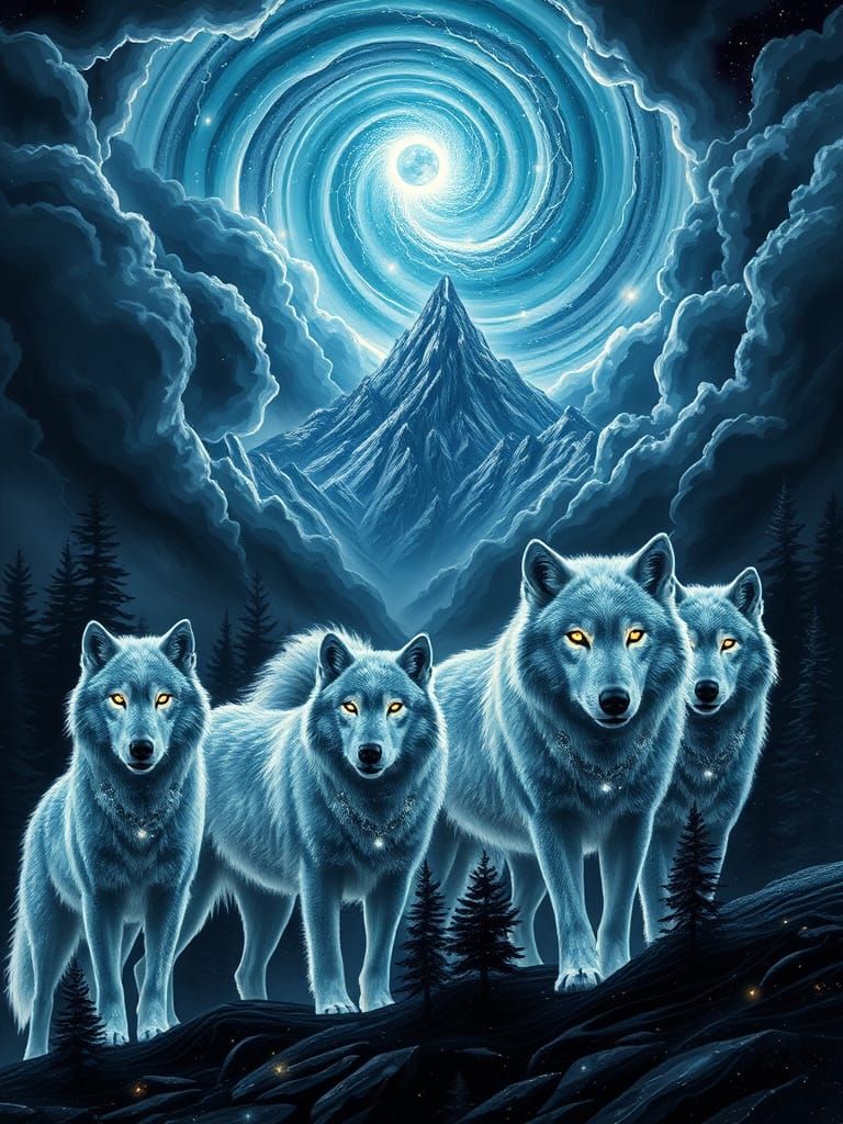 Surreal Arctic Wolf Pack in Swirling Cosmic Storm