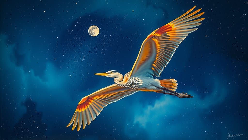 Cosmic Heron in Iridescent Plumage Soars into Outer Space