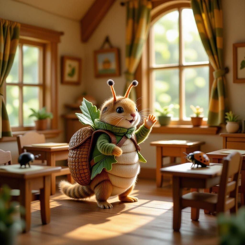 Whimsical Insect Classroom Scene with Caterpillar Student