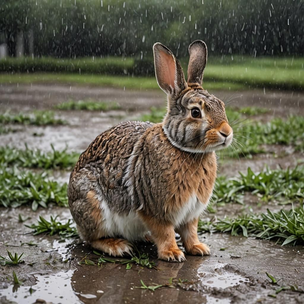 Rabbit in Rain: An Outdoor AI Image