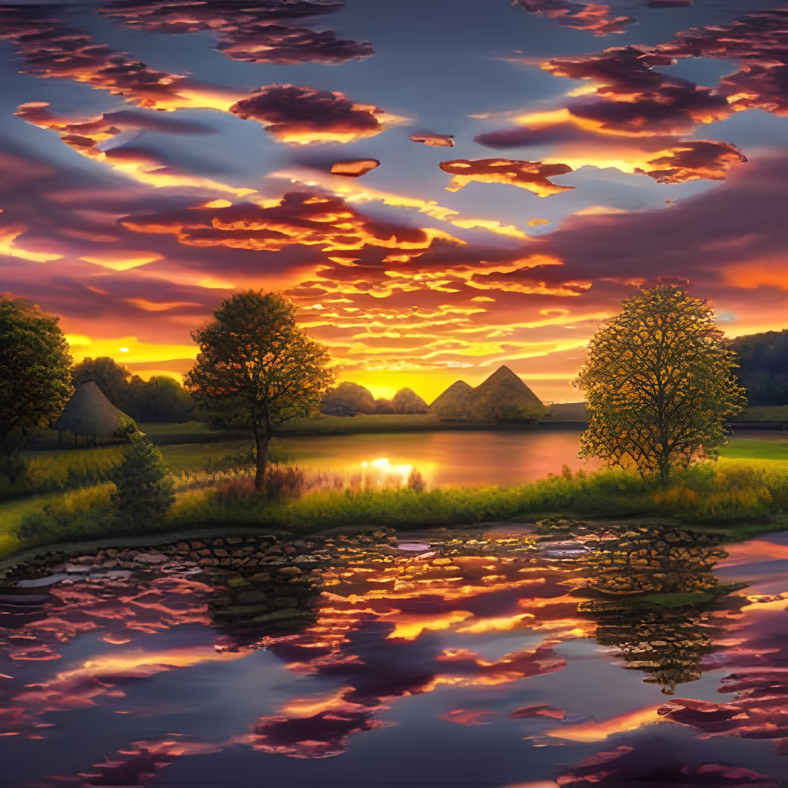 Golden Hour Sunset Over Village Pond Photography