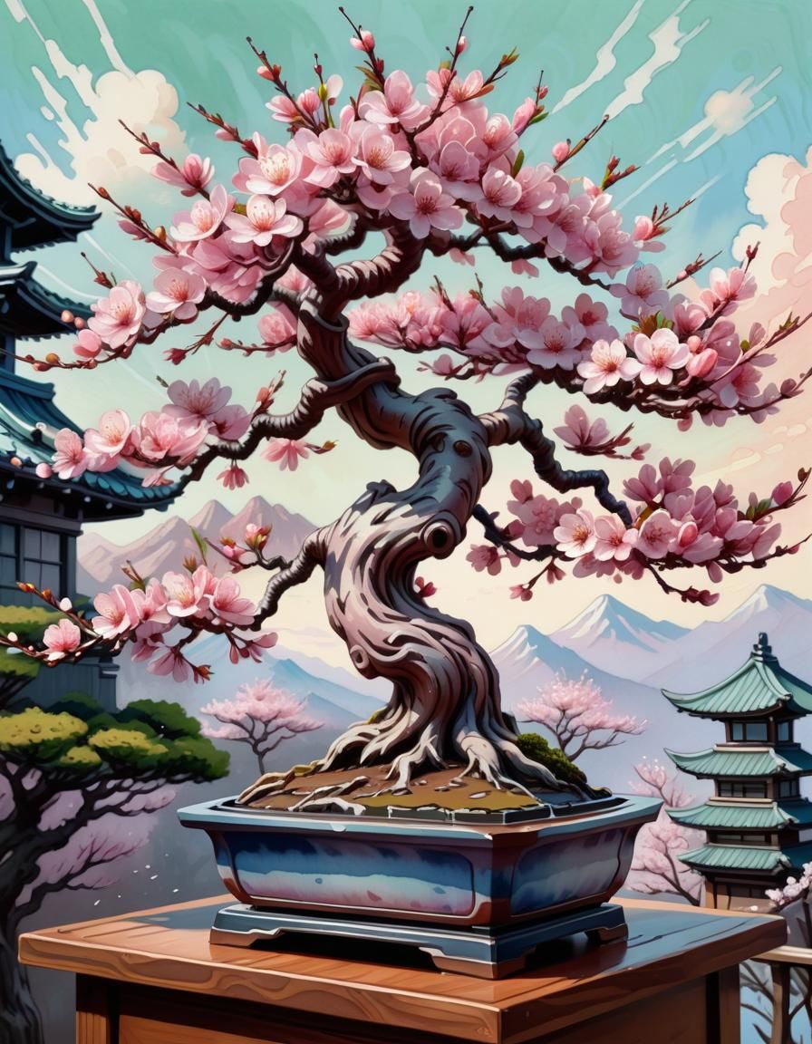 Bonsai Cherry Blossom Tree as Gouache Painting