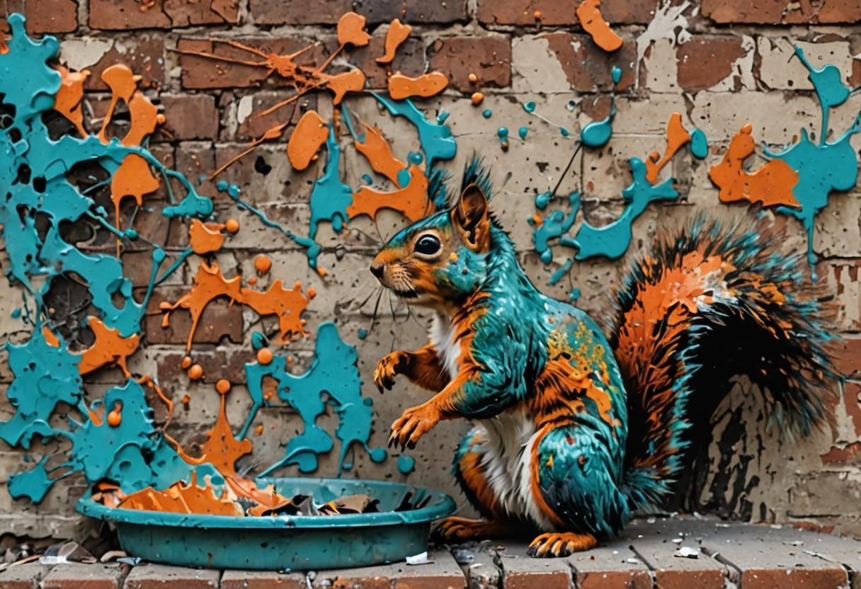 Startled Squirrel Leaps Through Urban Artscape