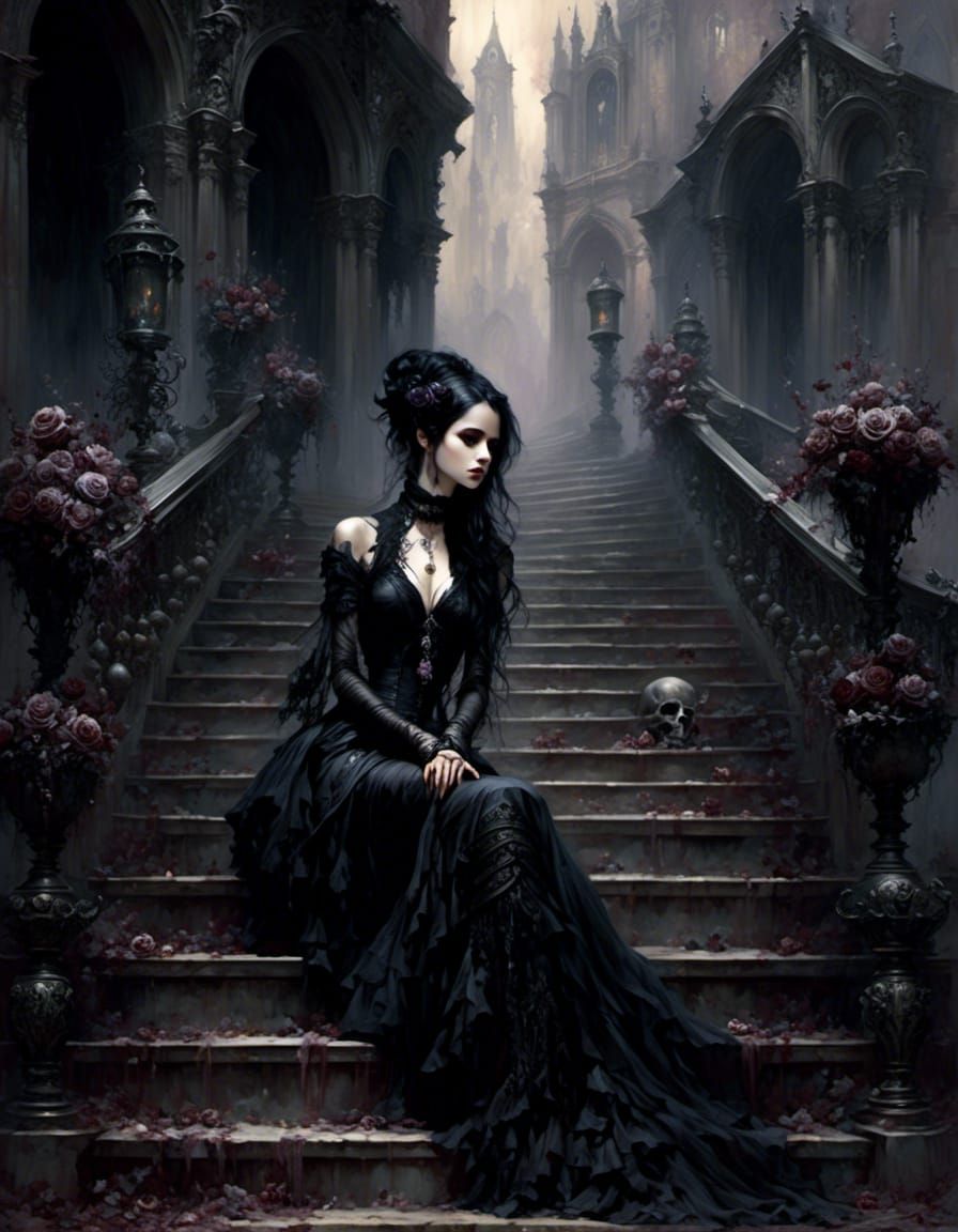 goth girl, waiting on stairs