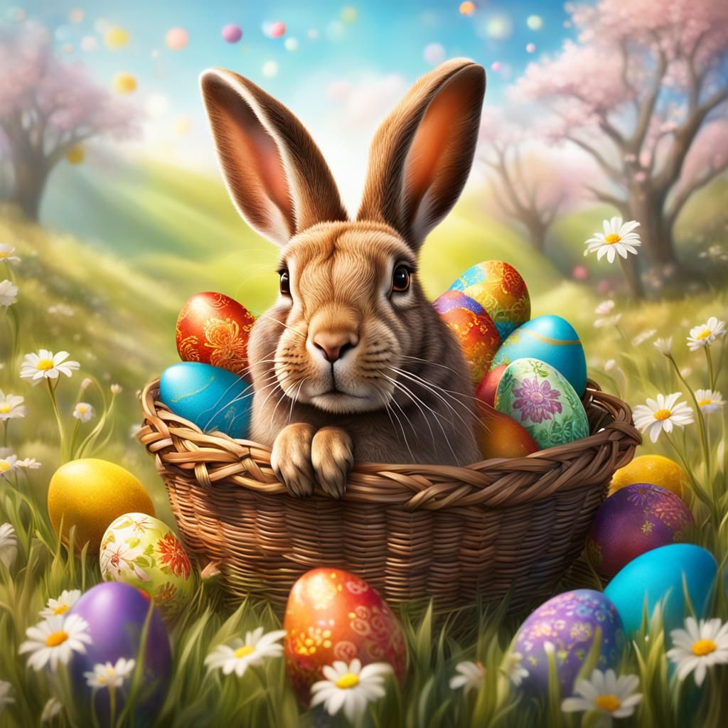 Hyperrealistic Easter Rabbit in Spring Meadow