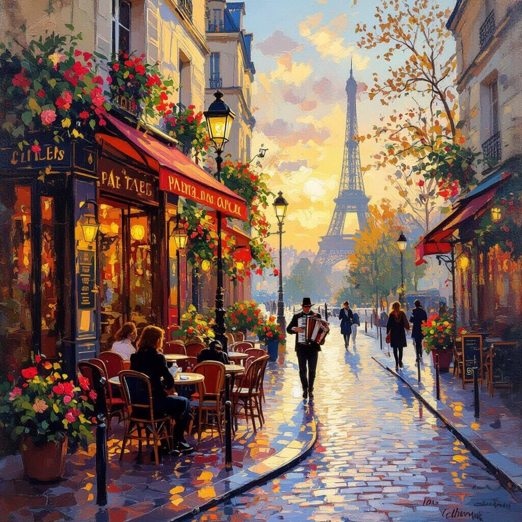 Parisian Street Scene at Golden Hour in Impressionistic Oil ...