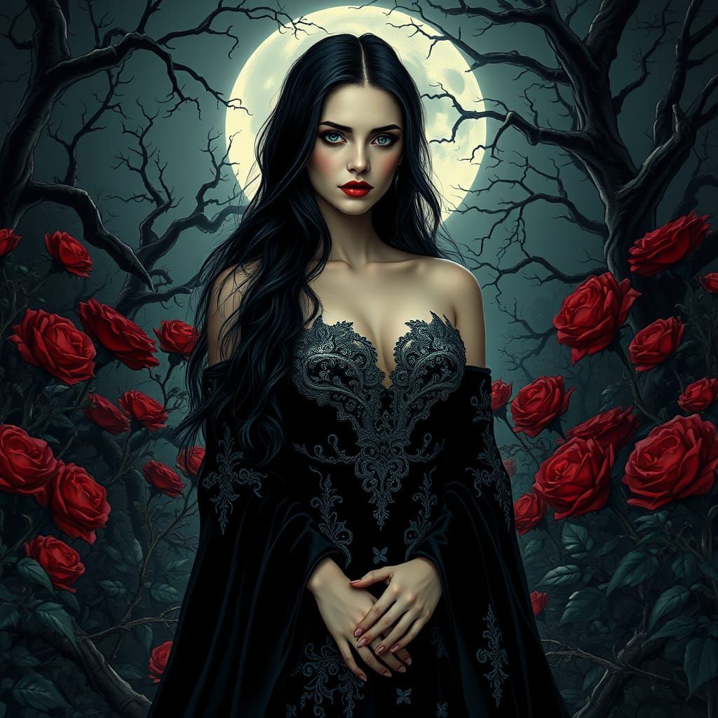 Gothic Seductress in Moonlit Garden of Thorns