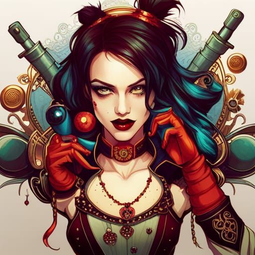 Steampunk Harley Quinn Digital Painting with Golden Outlines