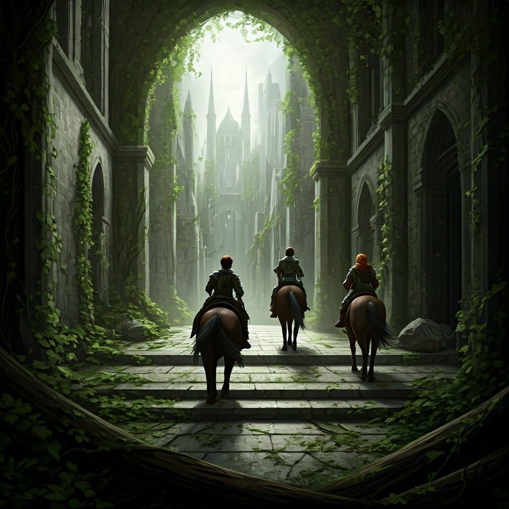 Fantasy Fellowship Rides Through Ruined City
