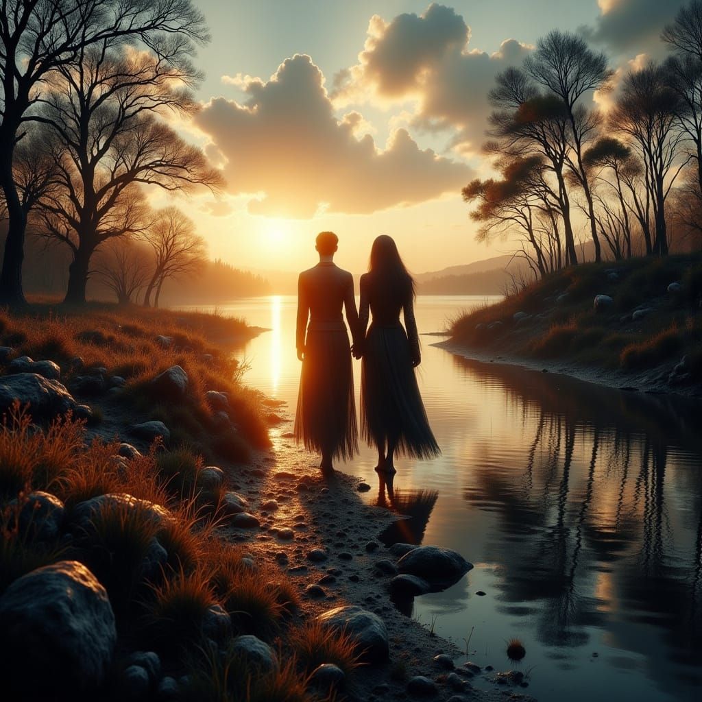 Gothic Couple by Lake at Sunset in Enki Bilal Style