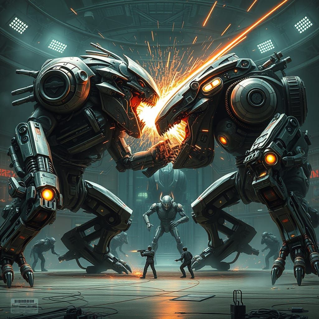 Cyberpunk Robot Warriors Engage in Intense Arena Battle