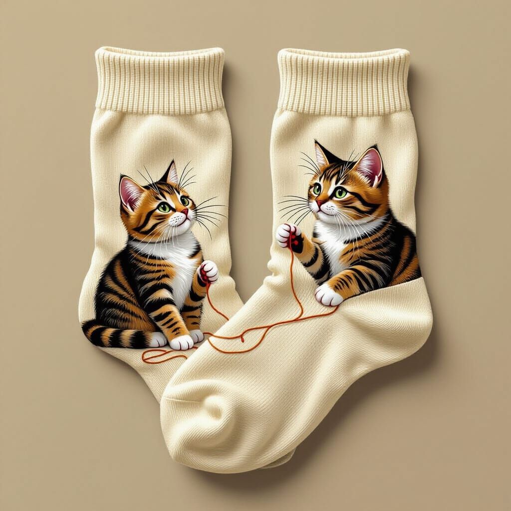 Cat and Thread Socks in Photorealistic Style