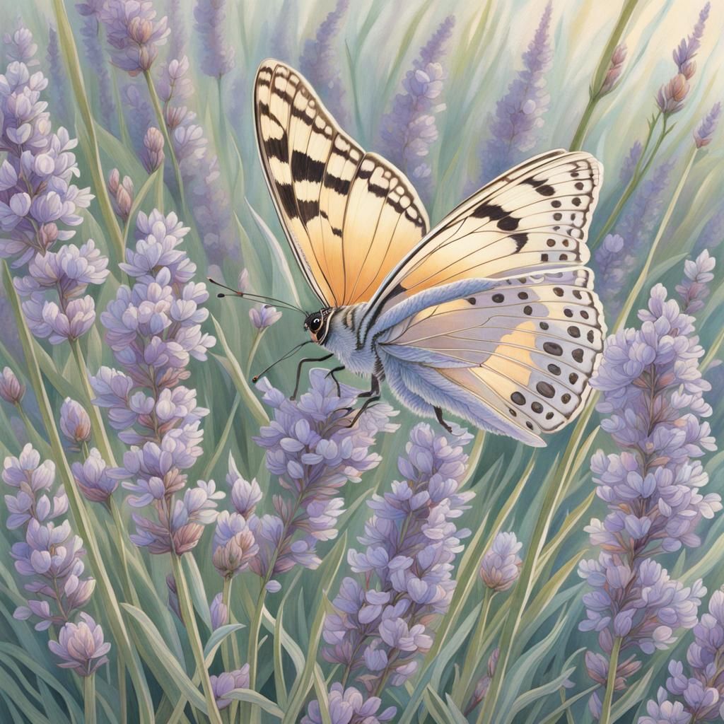 Butterfly Foraging Lavender Field in Pastel Illustration
