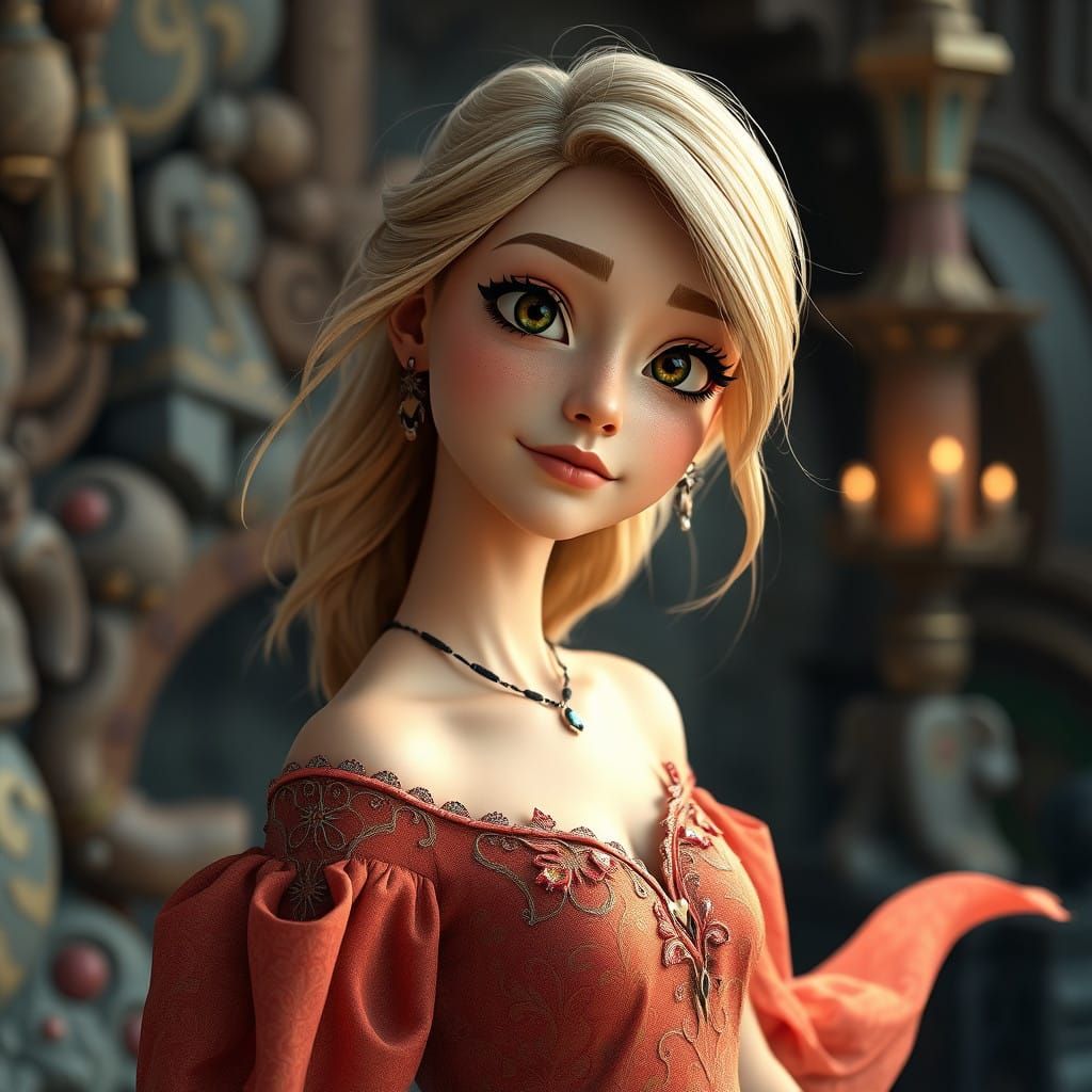 Pixar-Inspired Portrait of a Young Woman in a Flowing Dress