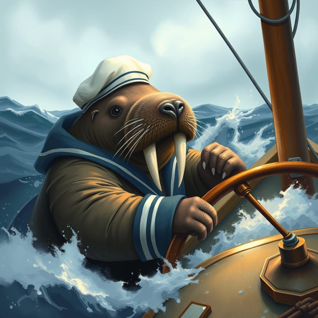Anthropomorphic Sailor Walrus Navigates Alaskan Fishing Boat...