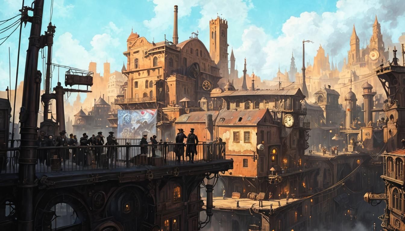 Steampunk City Noir Painting at Night