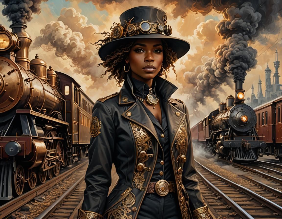 Steampunk Woman with Train: Detailed Digital Art
