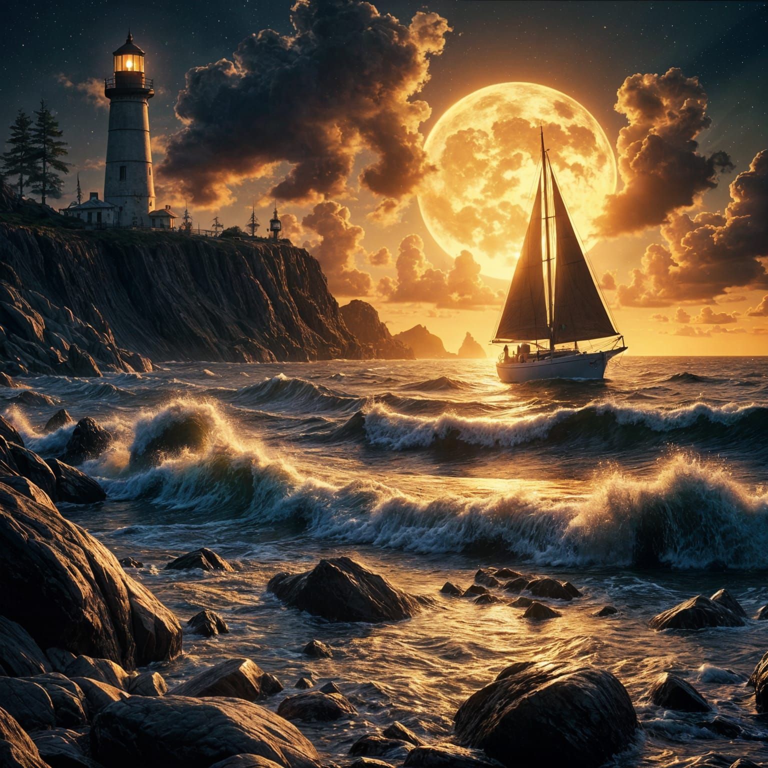 Dramatic Night Seascape with Sailboat in Hyperrealism