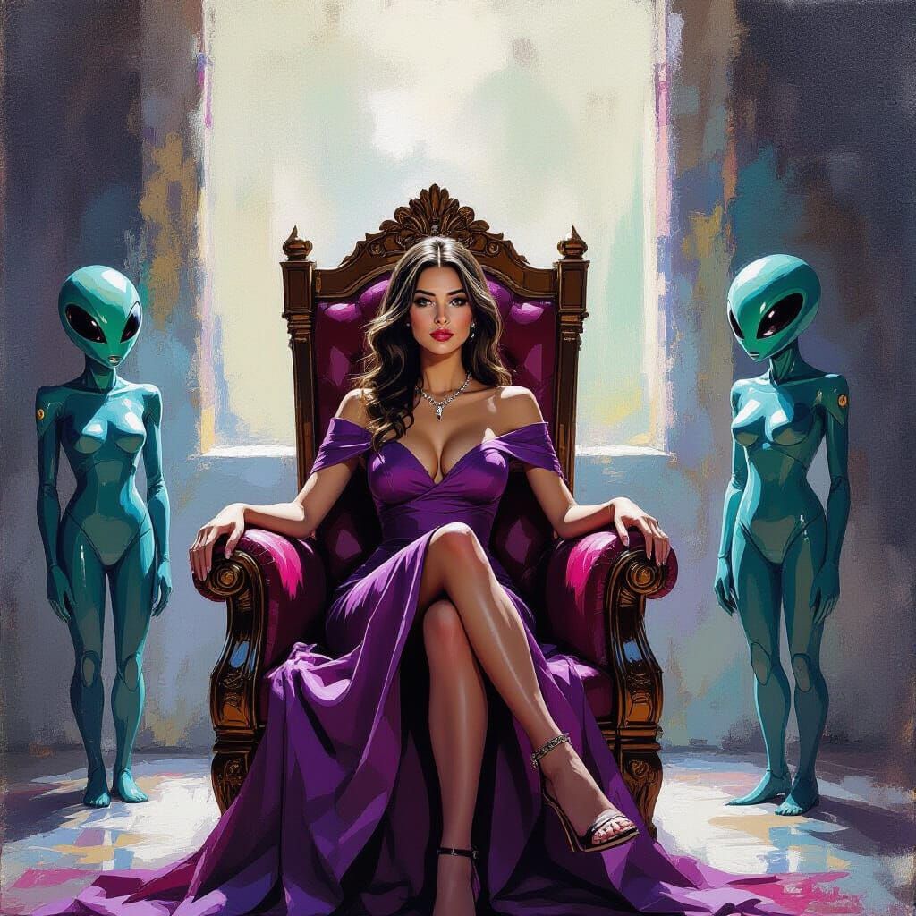 Woman on Throne: Gouache Style Maximalist Masterpiece