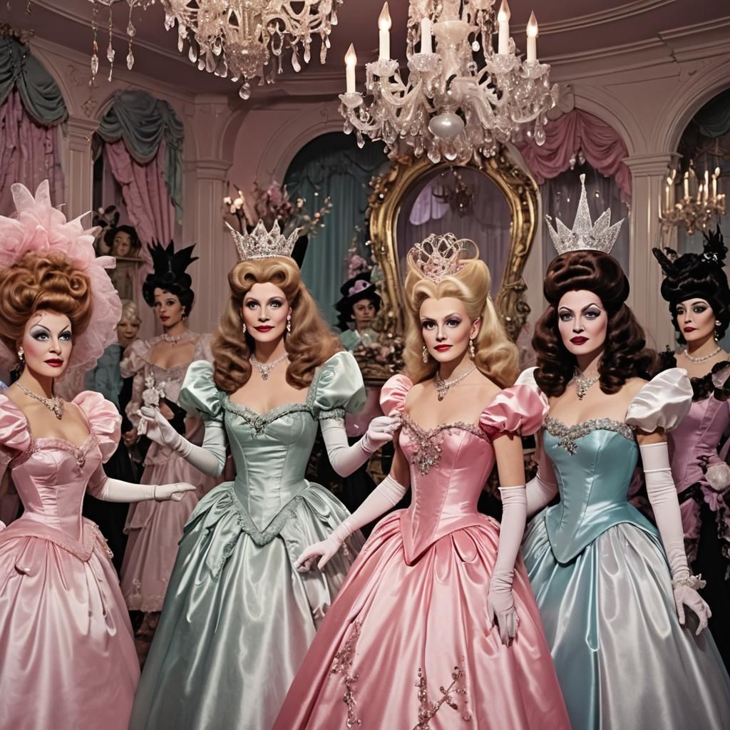 Satin Wonderland: Three Witches in Extravagant Costumes