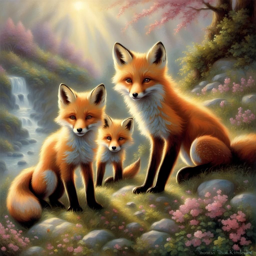 Fox Cubs in Ethereal Fantasy Landscape
