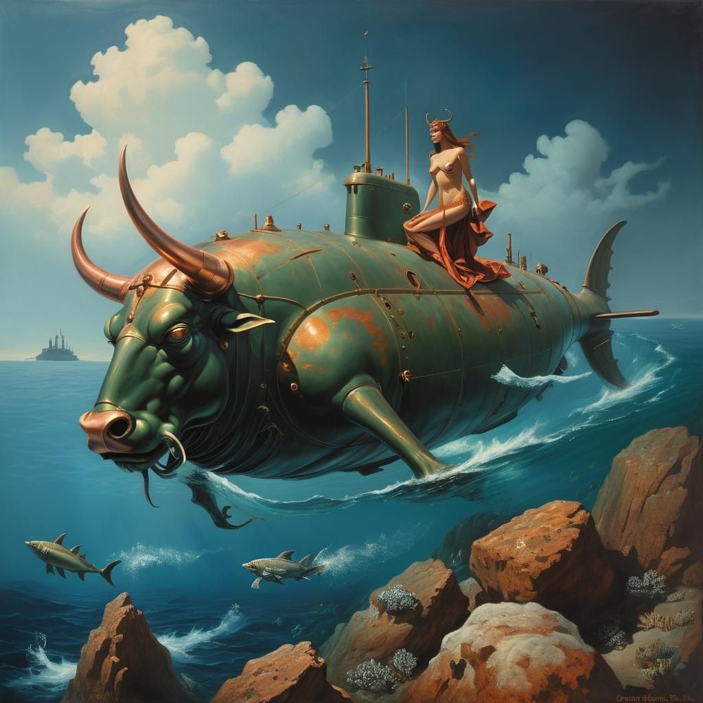 Copper Bull-Submarine with Europa: Fantasy Art