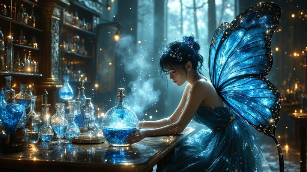 Blue Haired Fairy Crafting Potions in Moonlit Alchemy Room