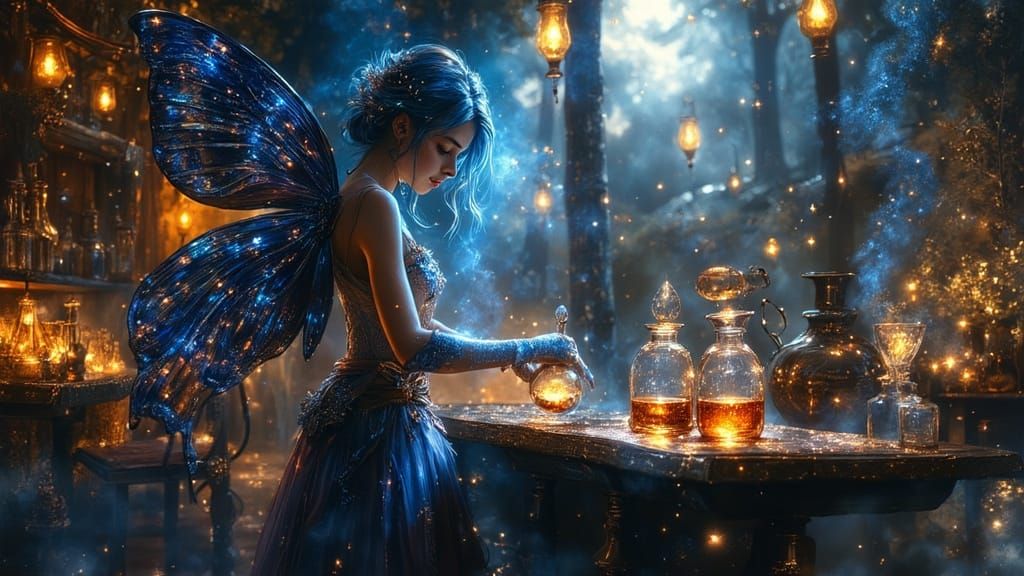 Blue Haired Fairy Creates Potions in Moonlit Alchemy Room
