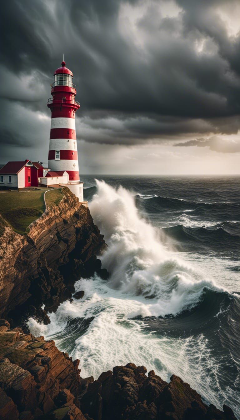 Majestic Lighthouse on Rocky Cliff at Dusk