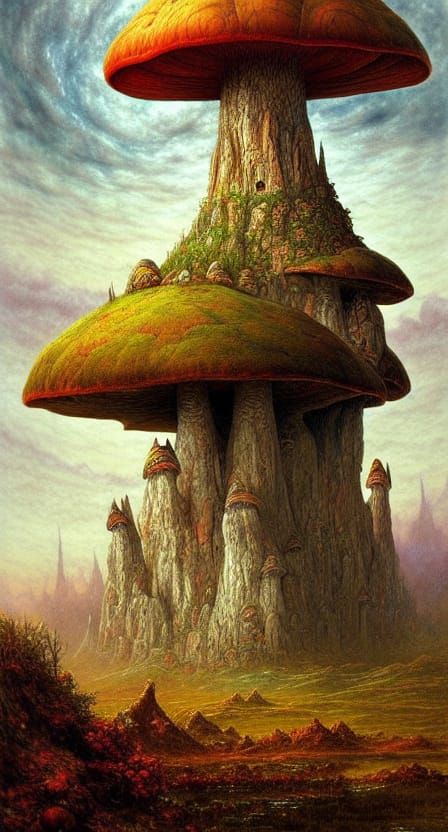 Fantasy Mushroom Castle: Tonalist Mixed Media Art