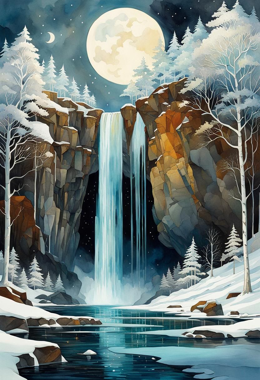Moonstone Falls in Art Nouveau Digital Collage