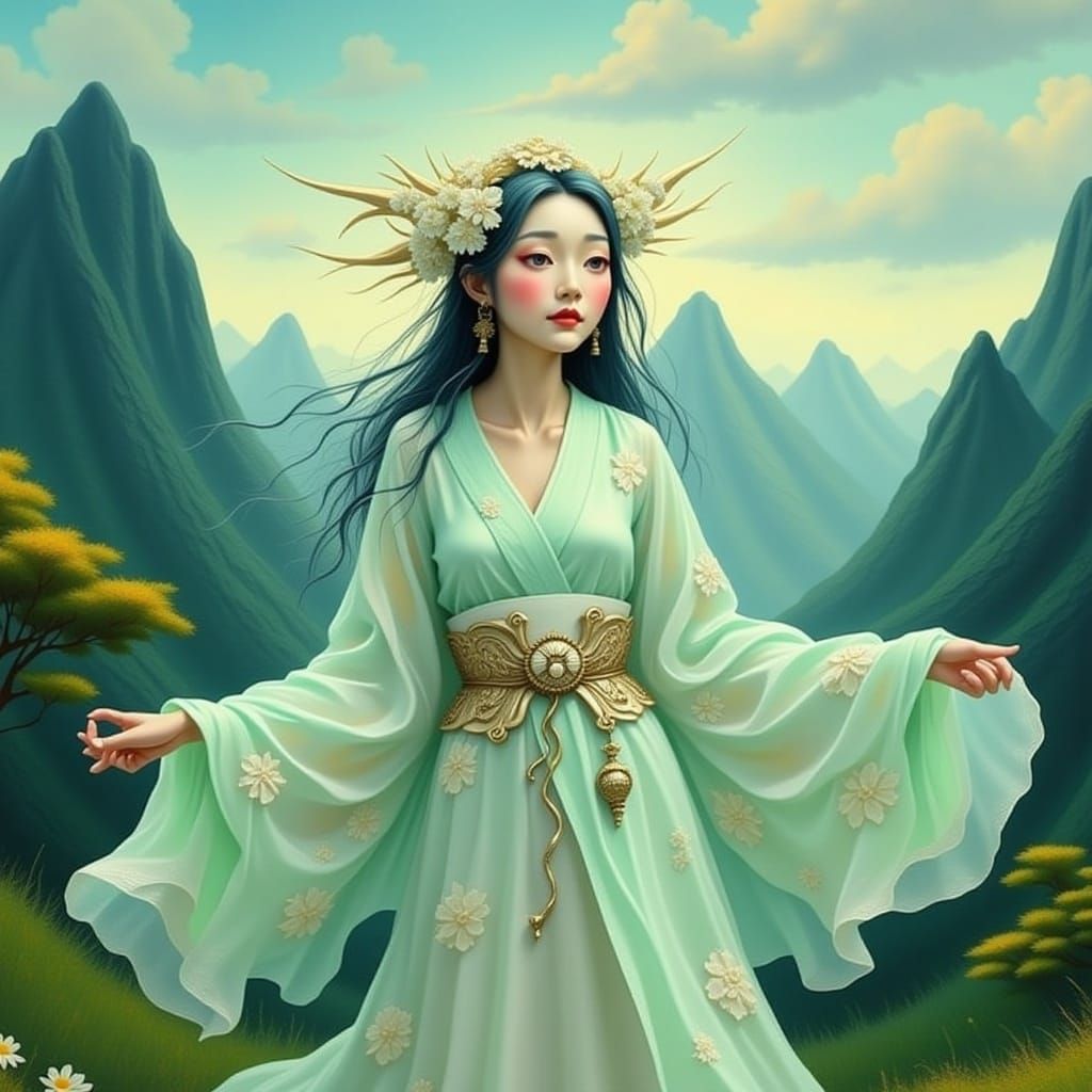 Ethereal Deity in Ghibli-Inspired Landscape