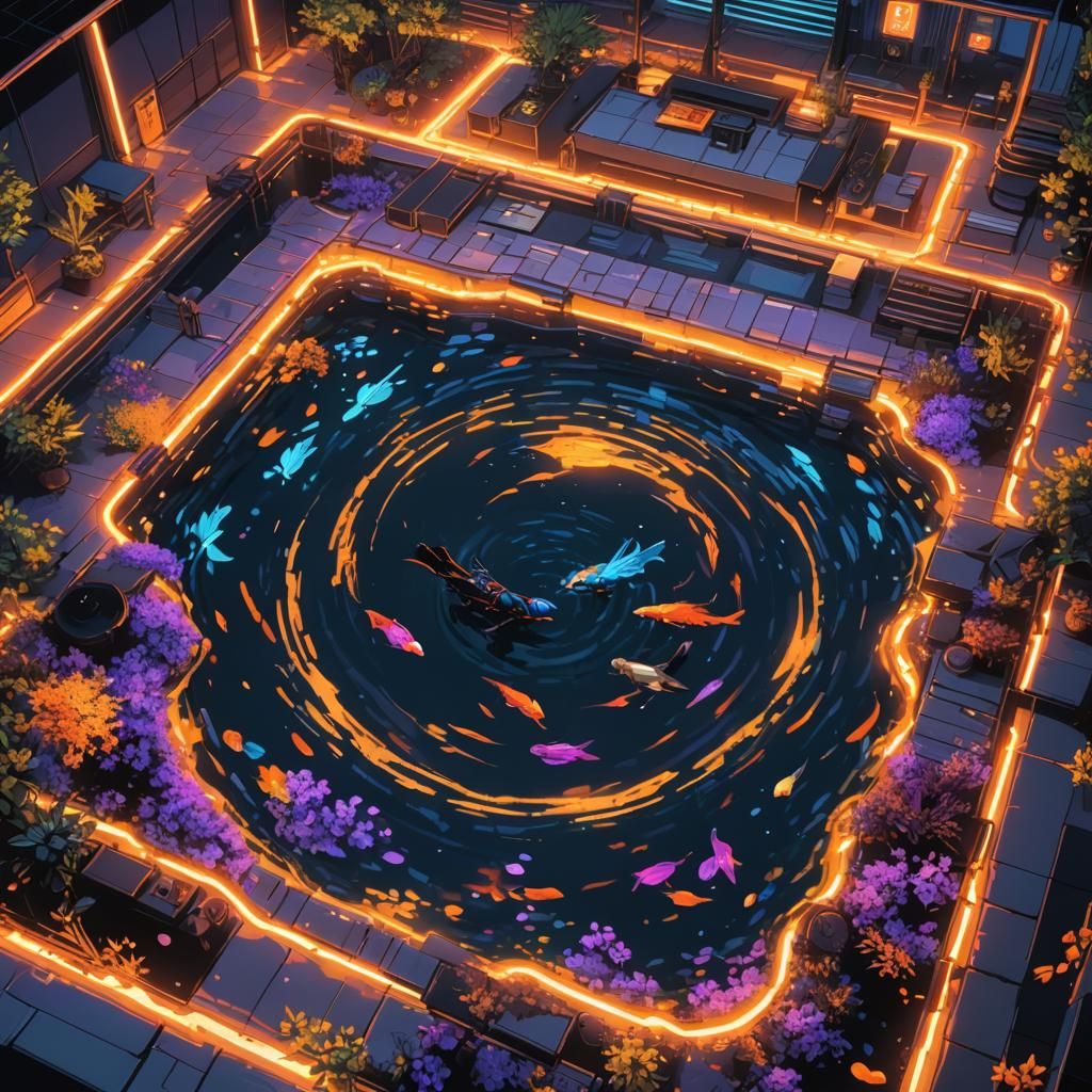 Shinobi Diving into AI Pool with Neon Reflections