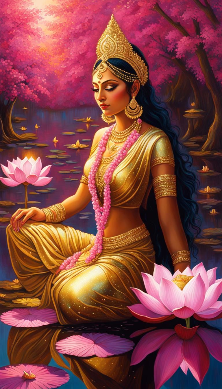 Hindu Goddess Lakshmi in Lotus Pond: Fantasy Art
