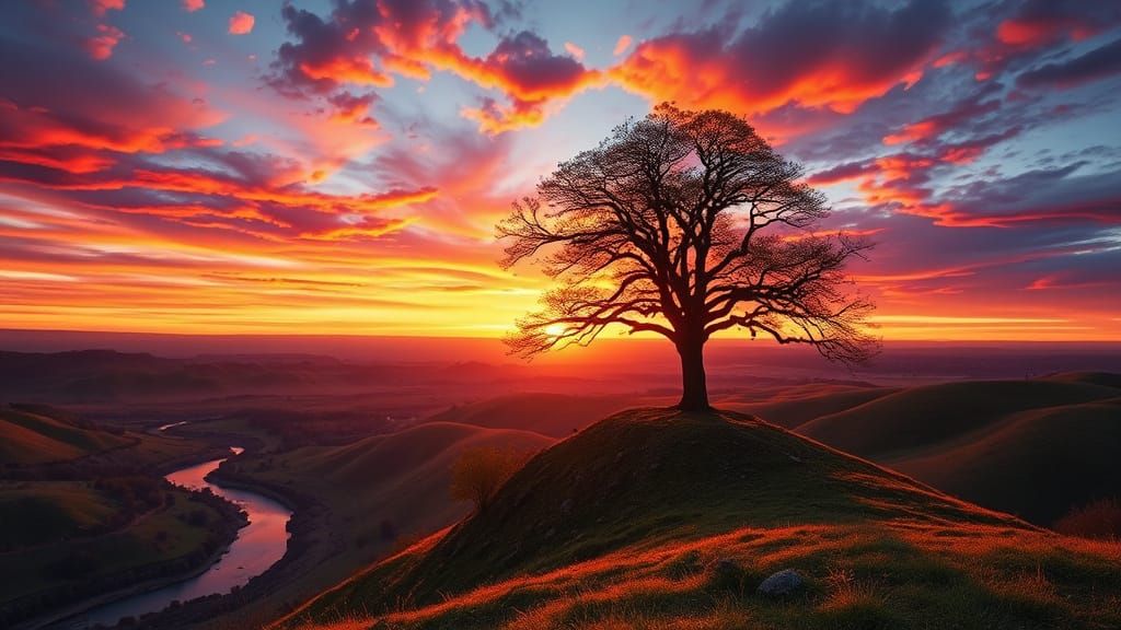 Lone Tree at Sunset: A Hudson River School Landscape