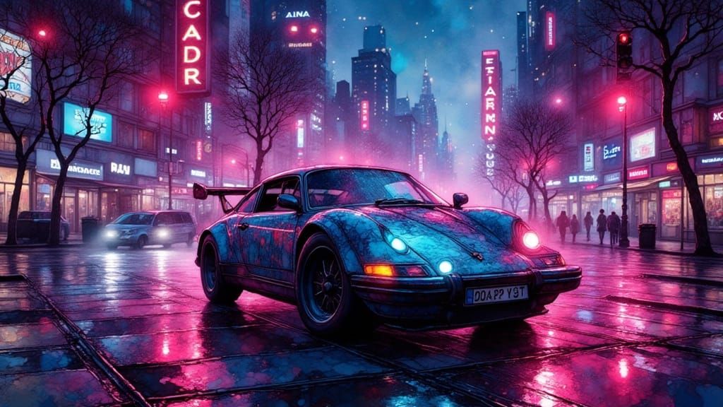 Cyberpunk Cityscape with Flying Cars and Neon Lights