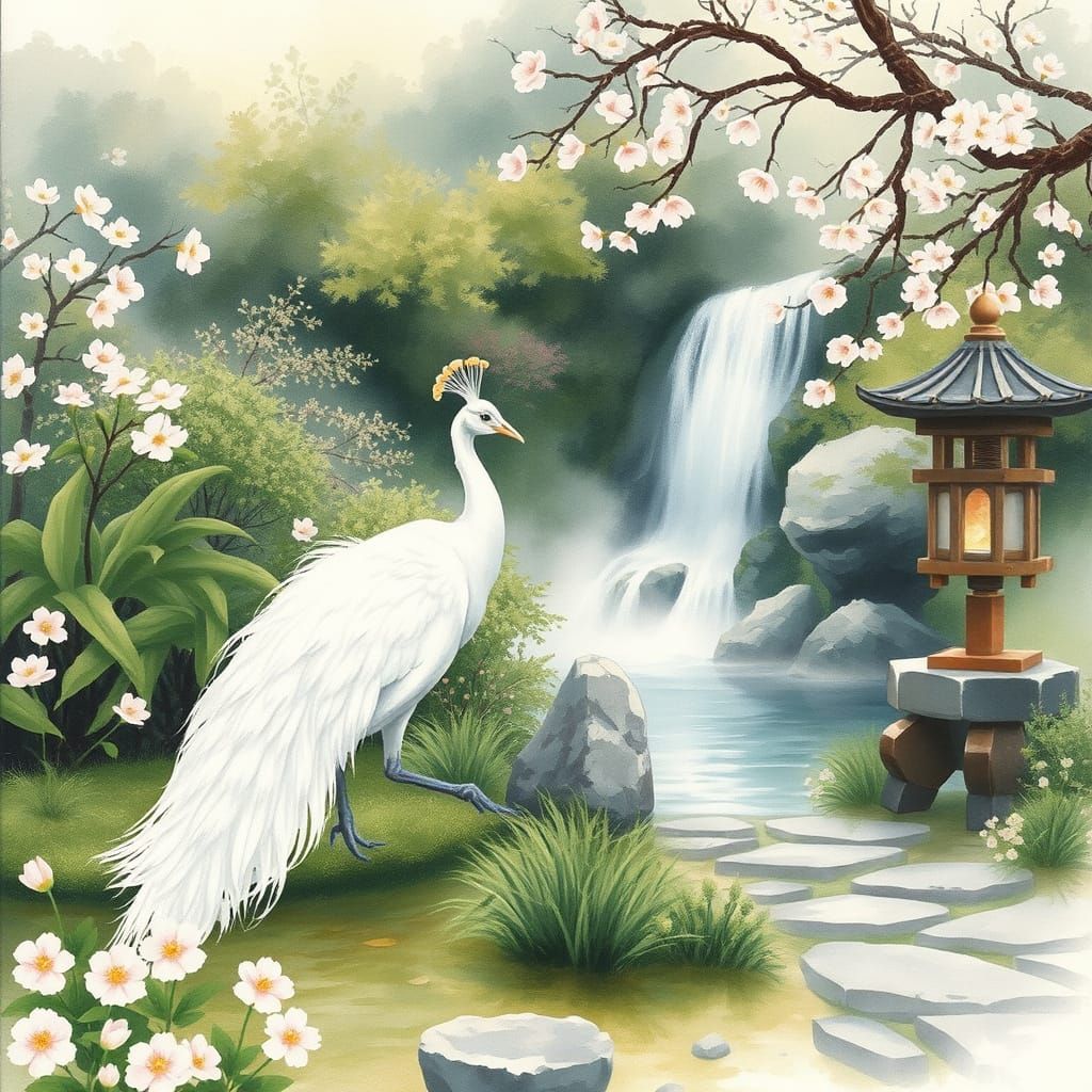 Ethereal Watercolor Zen Garden with Majestic White Peacock