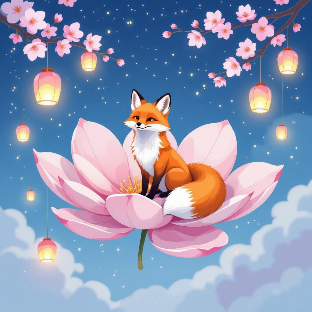 Whimsical Fox on Floating Cherry Blossom Petal in Starlit Sk...