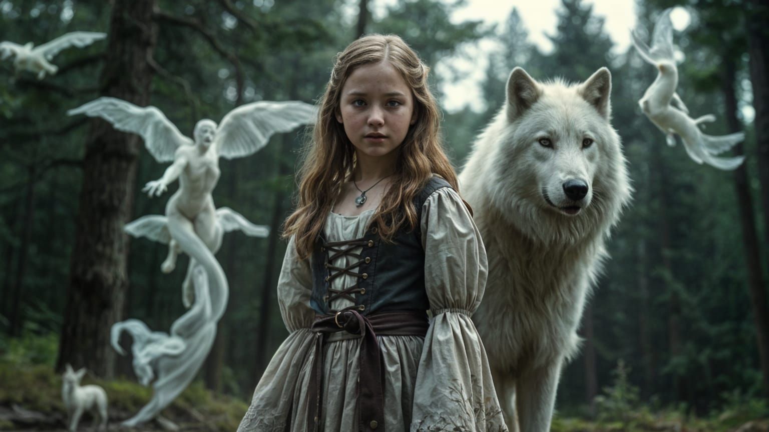 Girl in Medieval Dress with Wolf and Ghosts