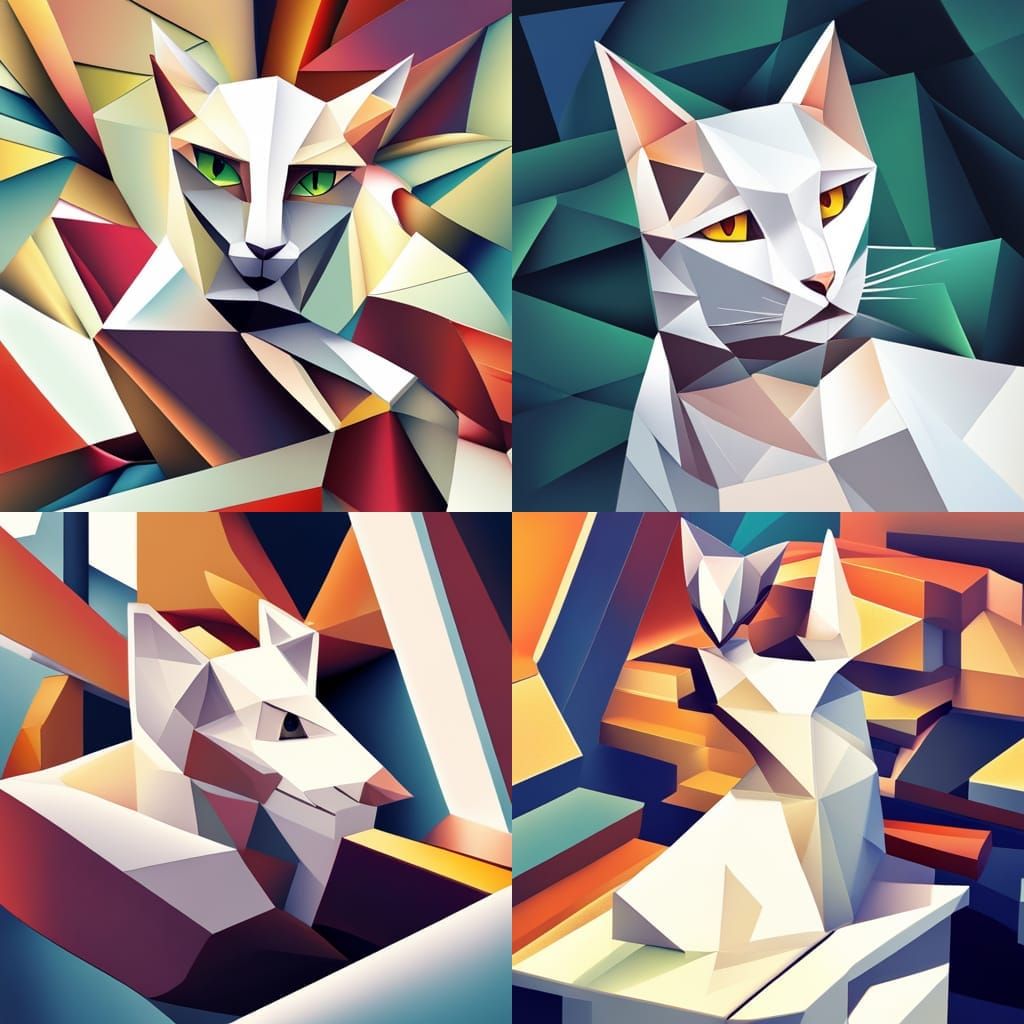White Cat in Cubist Geometric Art Deco Style