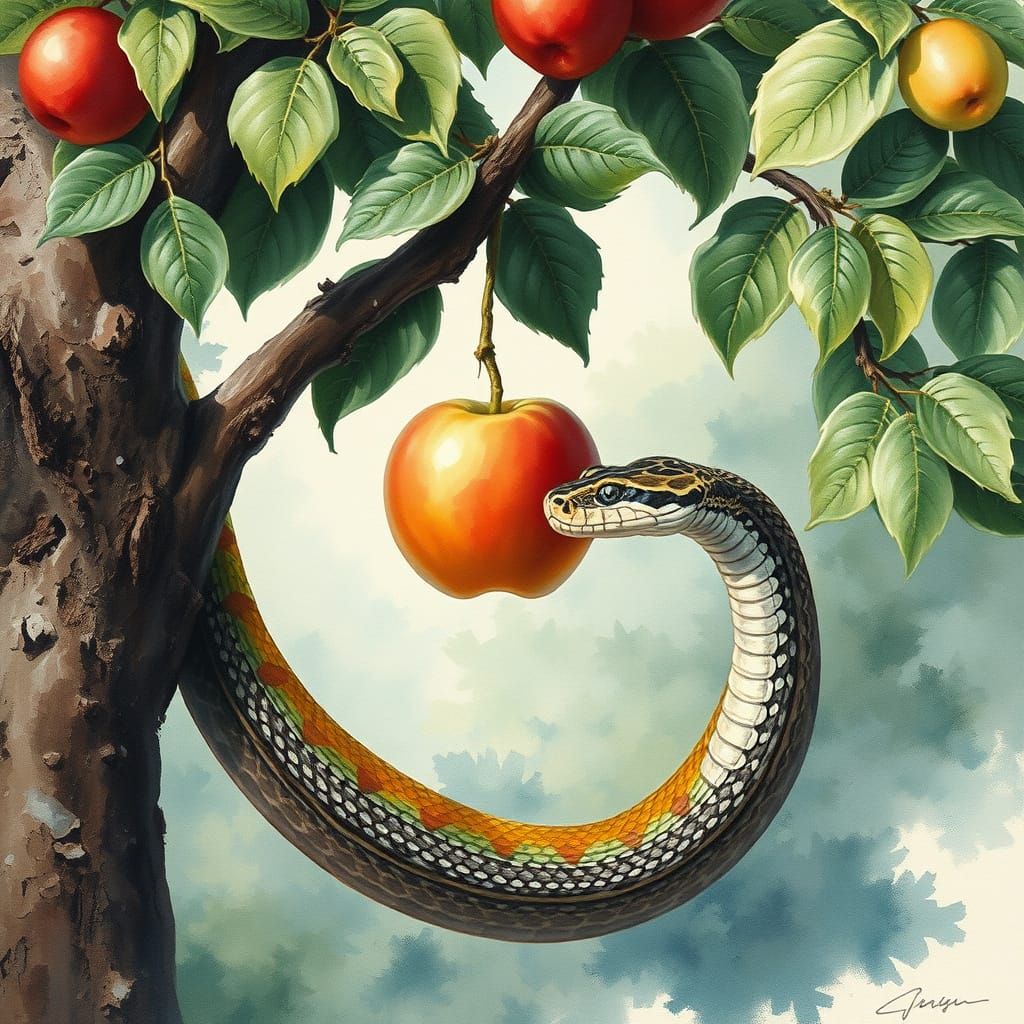 Epic Gouache Masterpiece of the Snake and the Apple