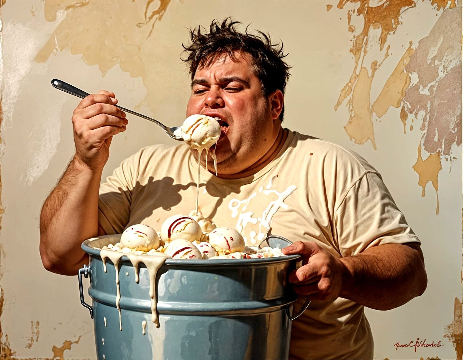 Fat American slob eating ice cream out of a 5 gallon drum wi...