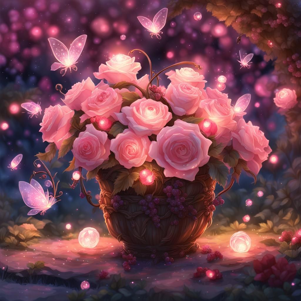Fantasy Fireflies Twinkling in a Rose Garden