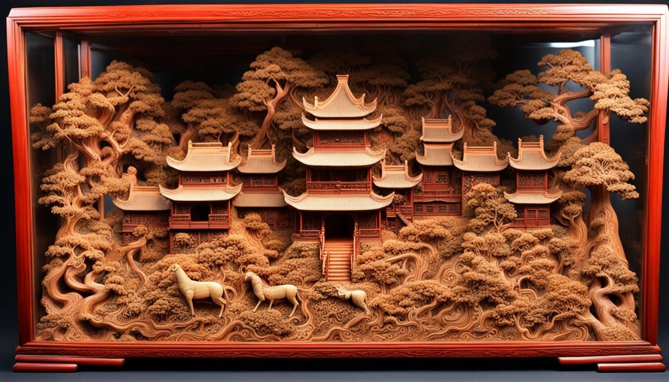Chinese carved cork diorama
