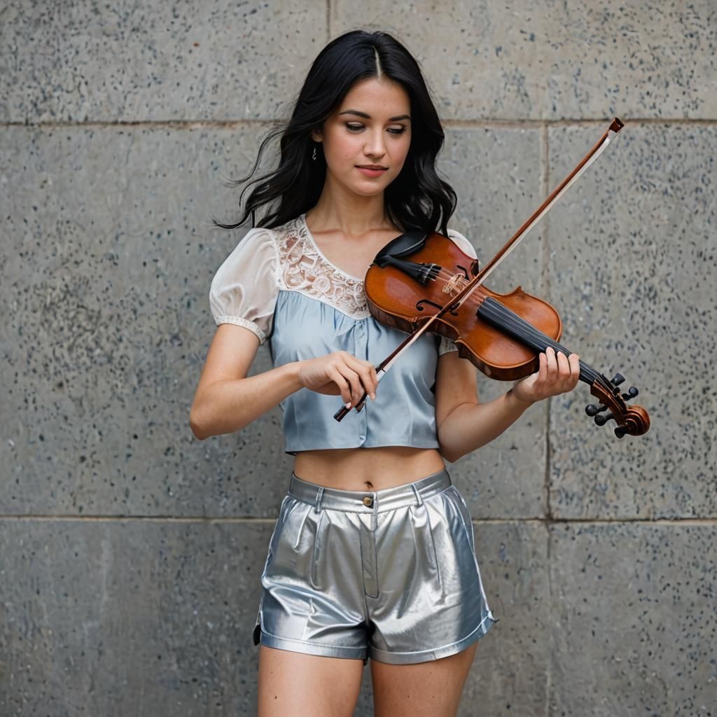 Young Woman Playing Violin with Silver Outfit