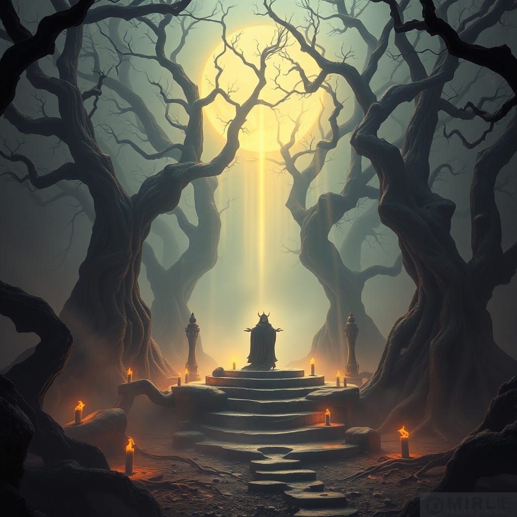 Ethereal Sorceress in Dark Fantasy Ritual Site