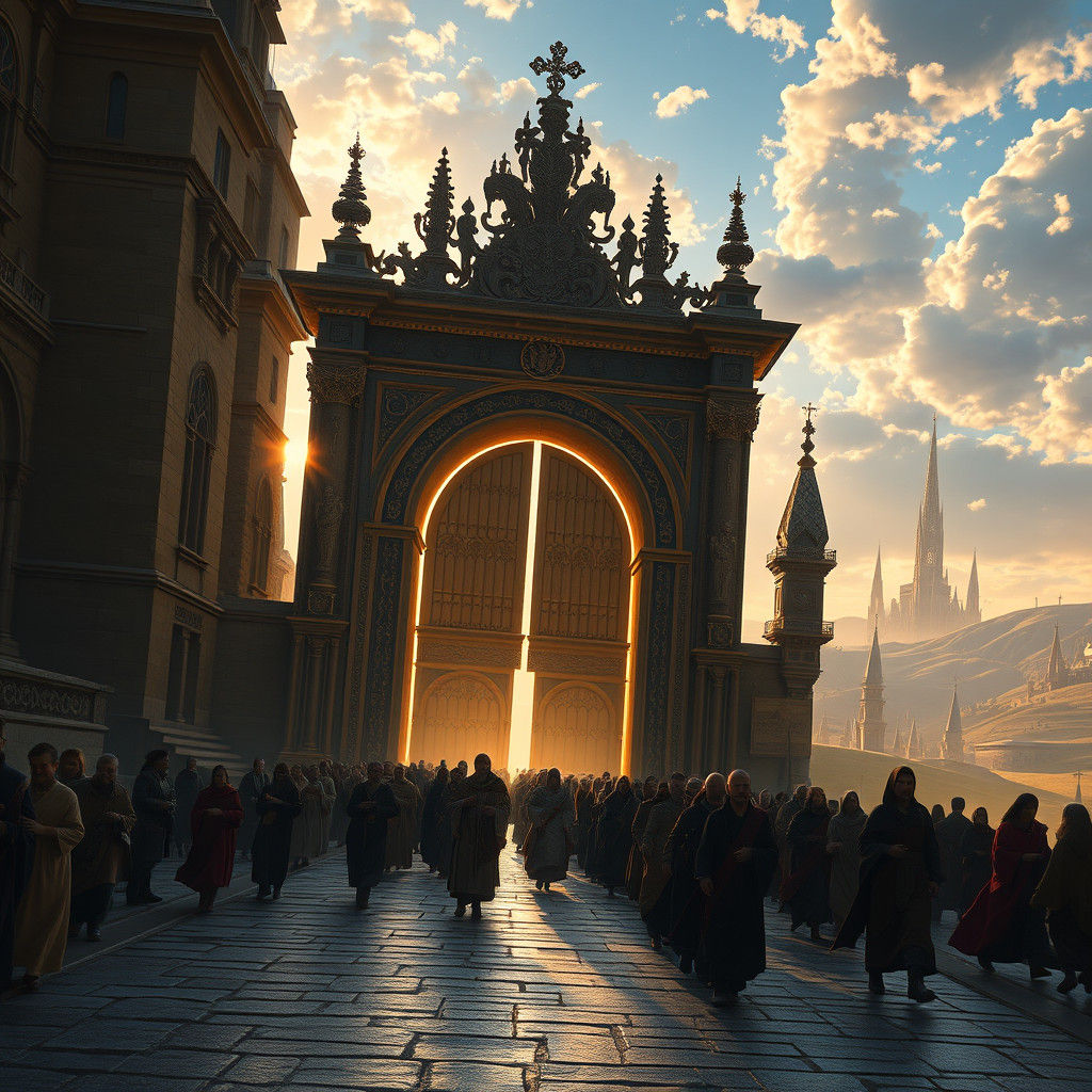 Devout Christians Procession Through Ornate Gate, Fantasy Ar...