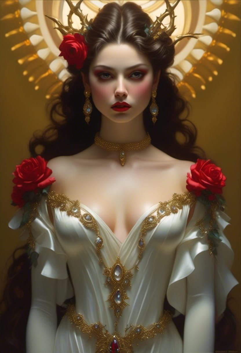 Woman in Red Gown with Roses: Digital Masterpiece