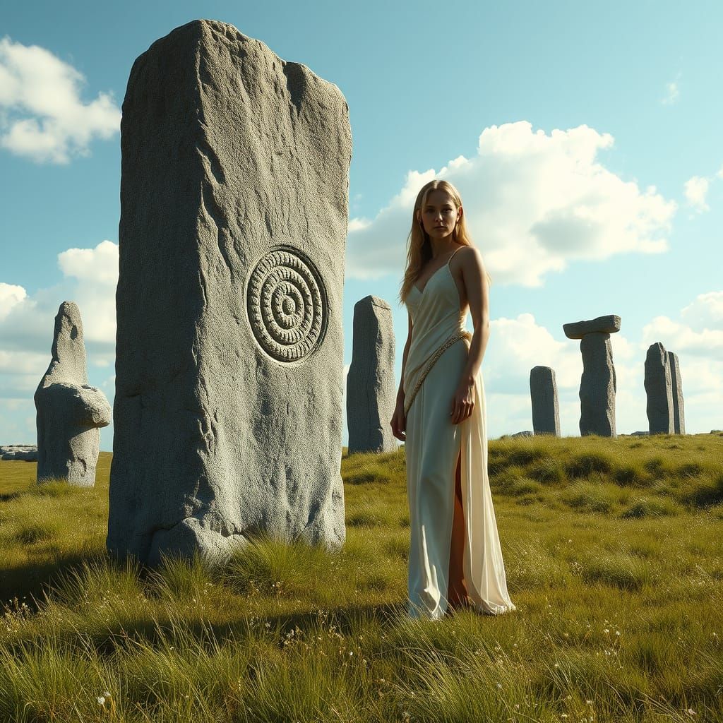 Ancient Goddess in a Sunlit Meadow of Megaliths