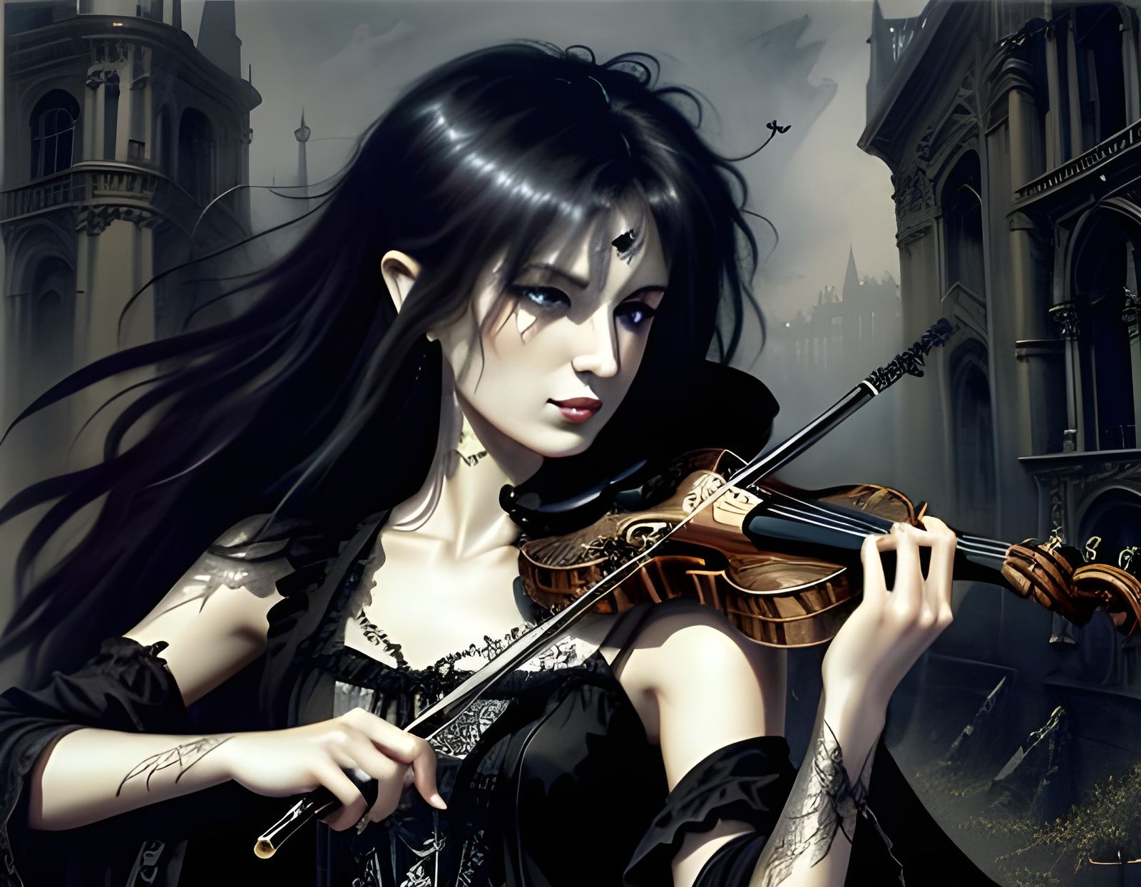 Gothic Lady with Violin: Digital Watercolor Art
